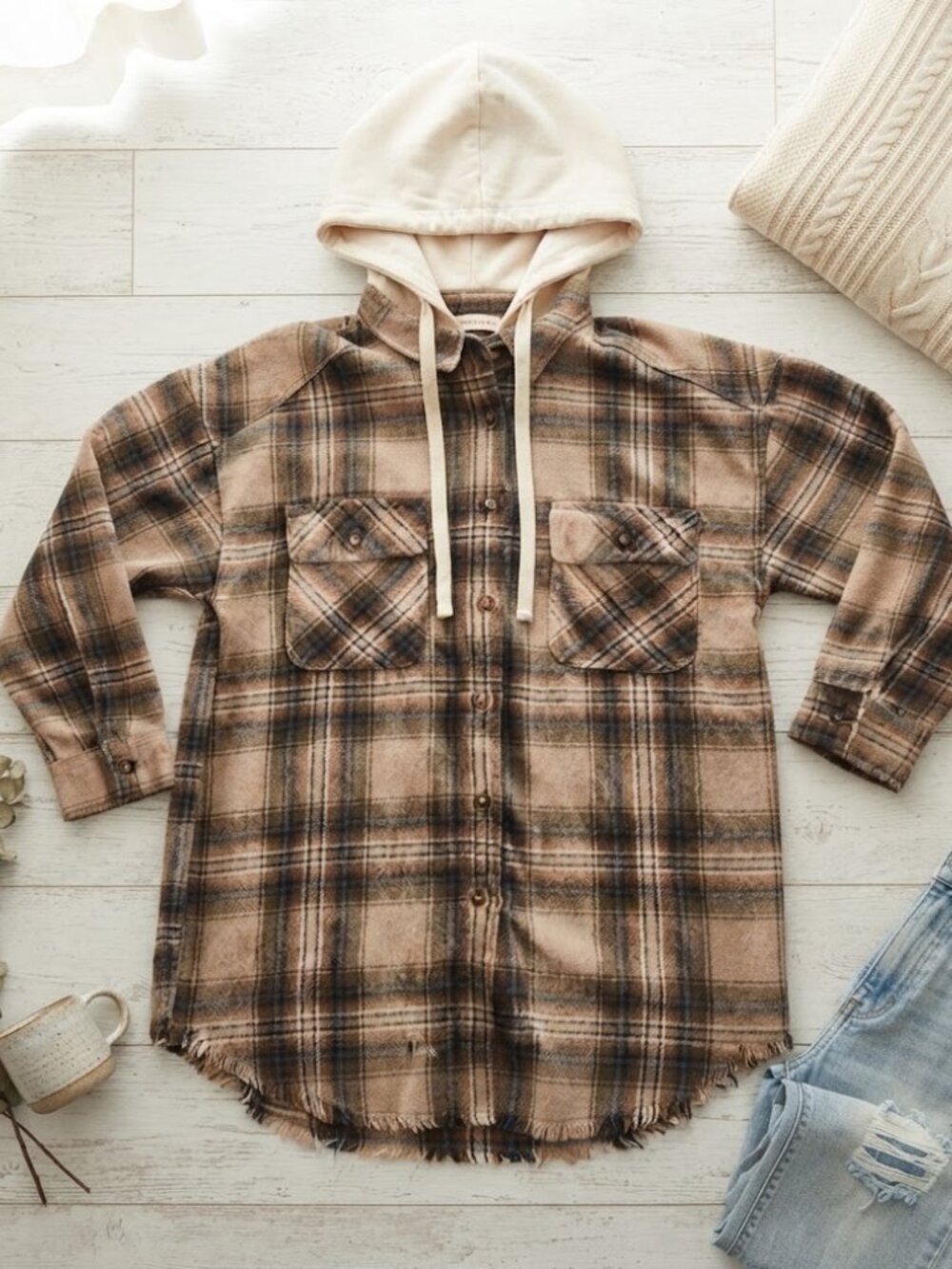 Altar'd State Brown Plaid Hooded Flannel Shacket Small NJ90007